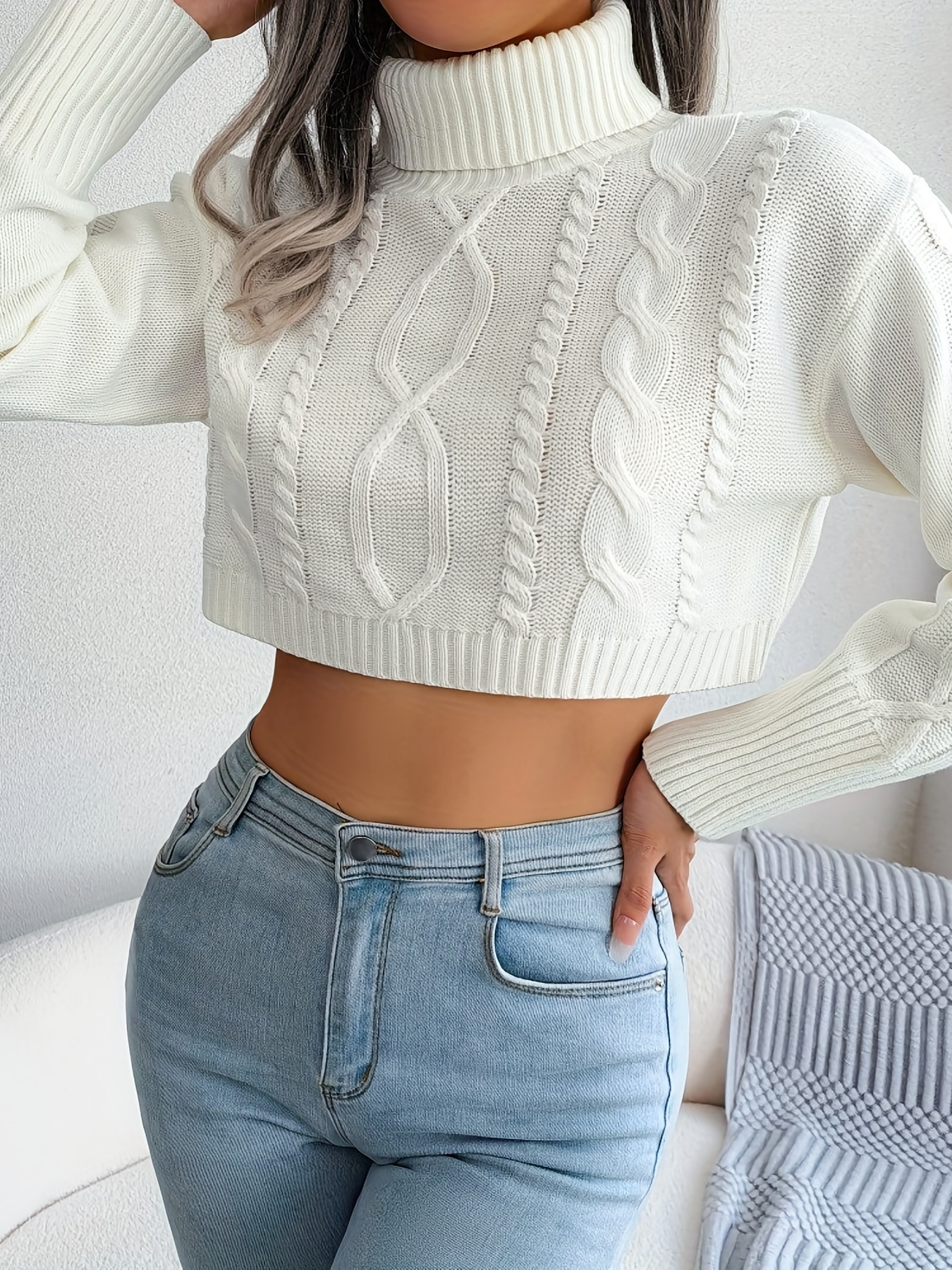 Cable High Neck Crop Sweater Casual Long Sleeve Loose Fall - Temu