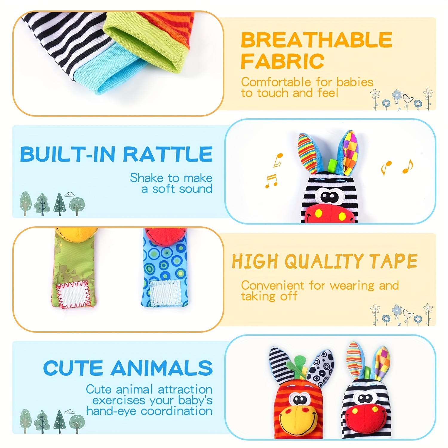 Amerteer 4 Pack Cute Animal Wrist and Foot Rattles Finder Socks Set for  Infant Baby Velcro Design Developmental Toys Set Elephant and Monkey 