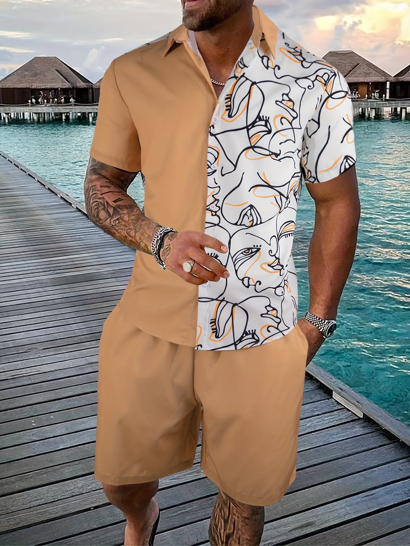 Men's Two-piece Outfits, Woman Face Print Button Up Shirt And Drawstring  Plain Shorts For Summer