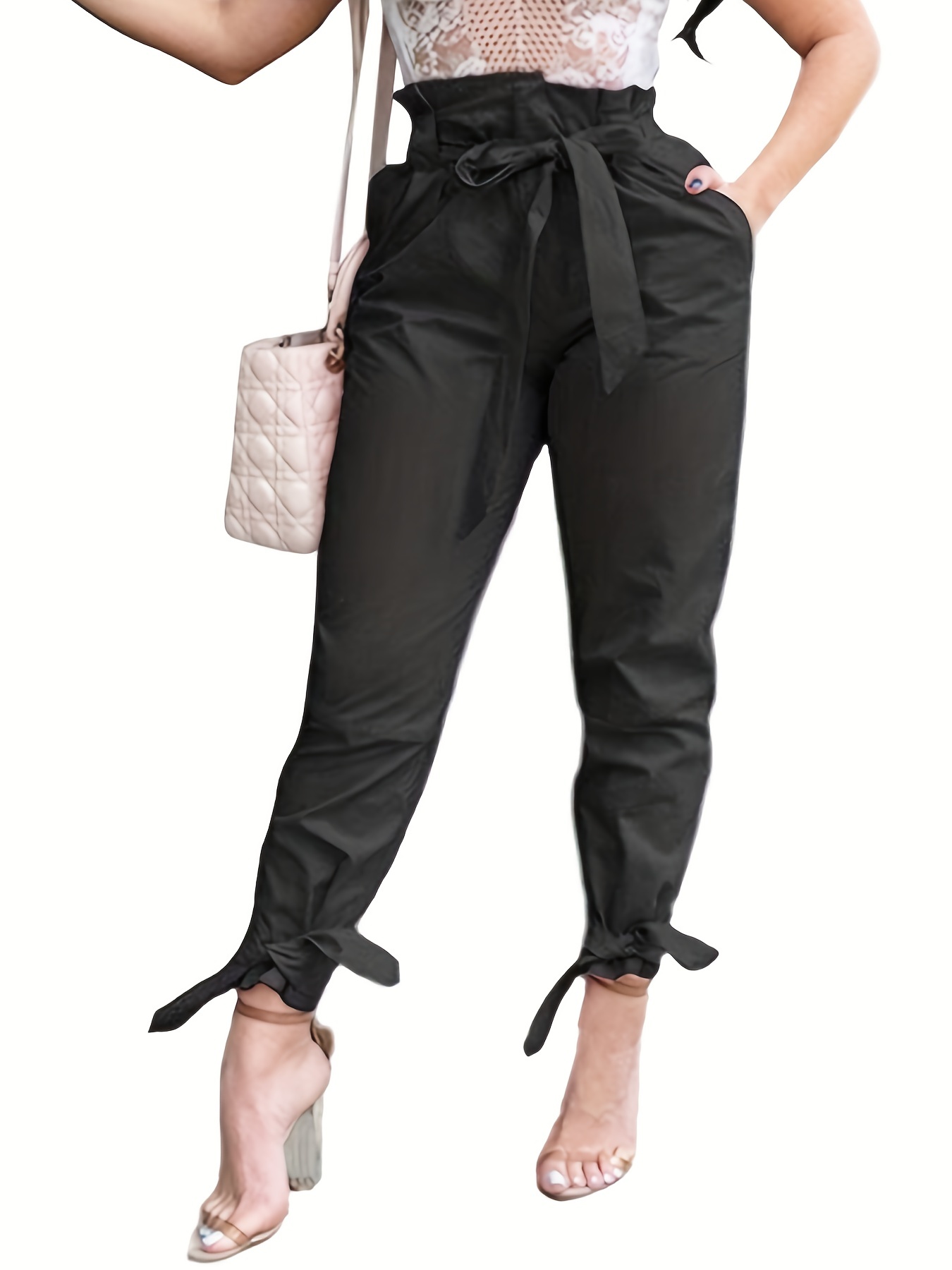 Knotted Paper Bag Waist Pants Casual Solid Long Length Pants - Temu