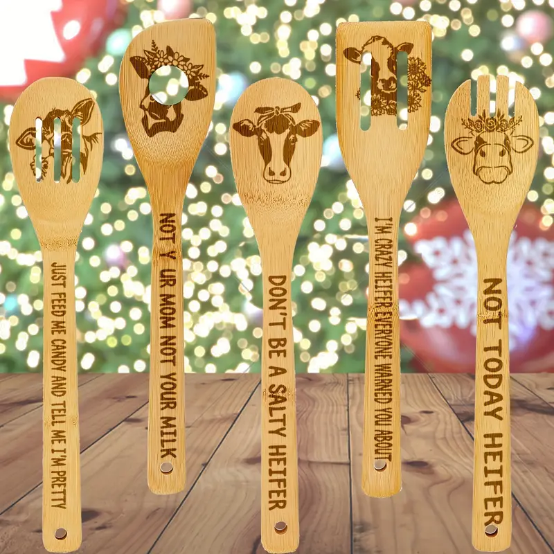 Cute Cow Wooden Cooking Spoons Set For Christmas Gift, Burned