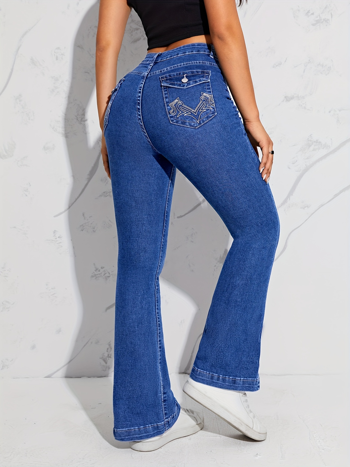 Blue Flap Pockets Flare Jeans High Stretch Embroidered Decor - Temu Canada