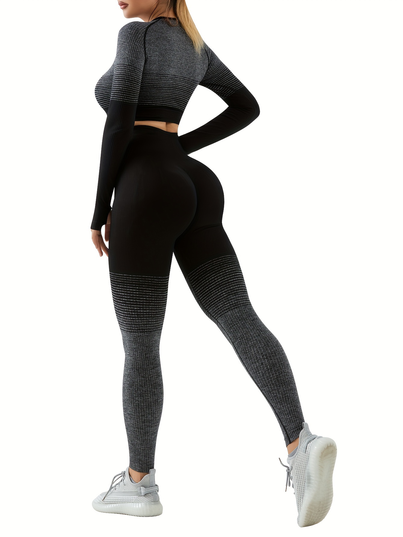 Ensemble de sport deux pièces pour femme,leggings push-up,manches  longues,fitness,yoga,vêtements de sport- Black Set3