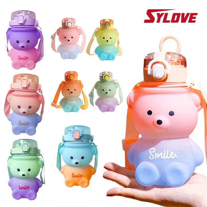 550ML Cute Bear Thermos Water Bottle With Straw For Kids Baby Stainless  Steel Portable Thermal Cup With Strap Silicone Cup Cover