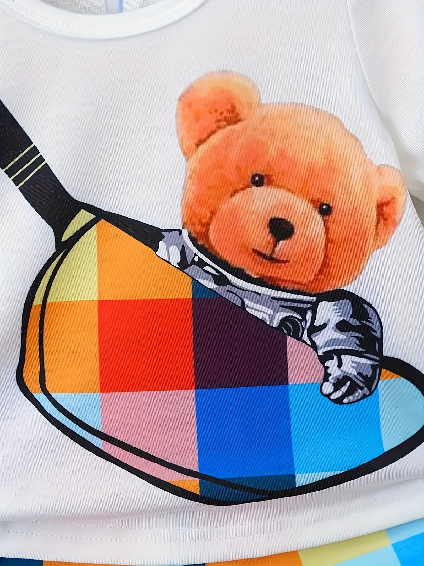 Baby Bear Print Pocket T-Shirt & Plaid Shorts