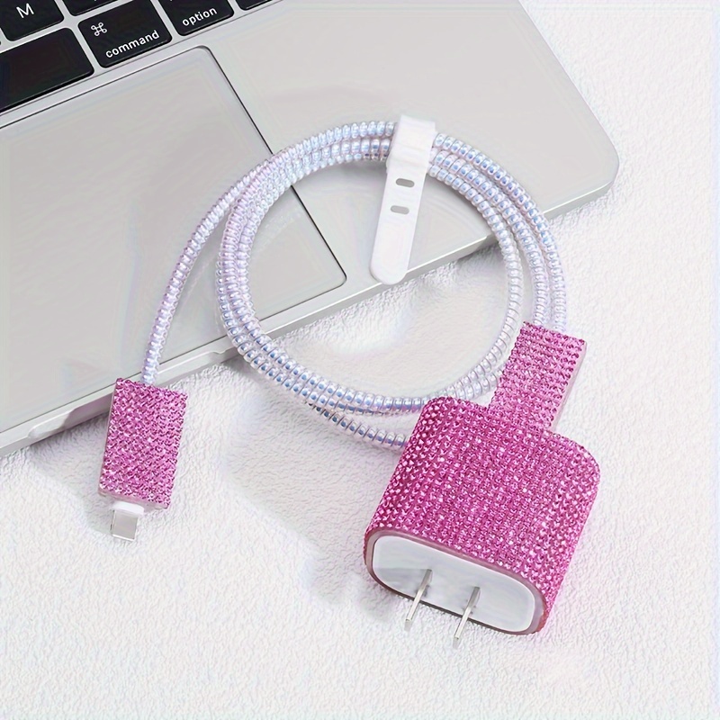 TEMU 5pcs Sparkling Diamond Charging Cable Protector Set, Silicone Winder & Gripper, Anti-break & Charger , No Battery, No Electronic Components