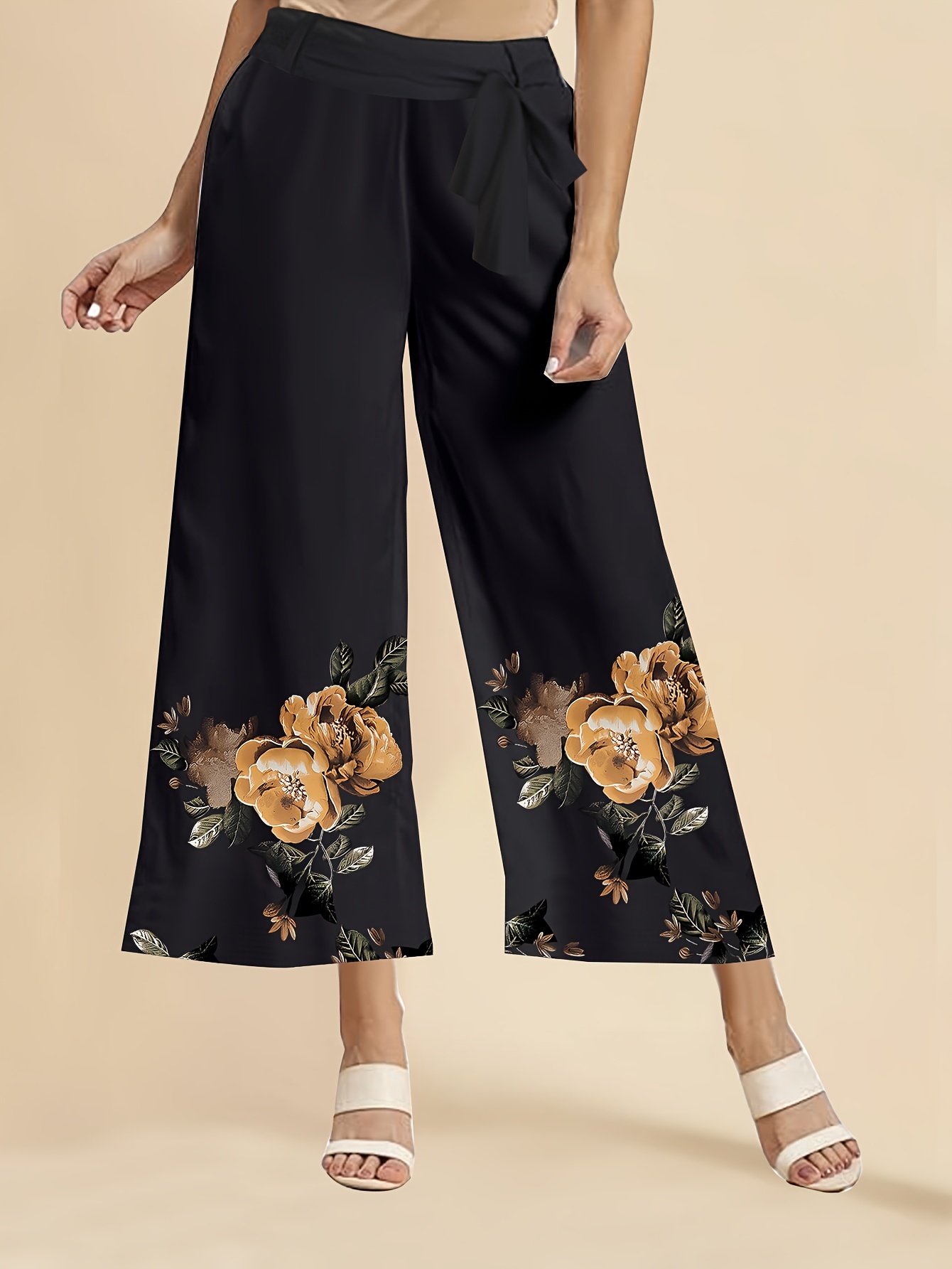 Plus Size Floral Embroidery High Waist Pants Black