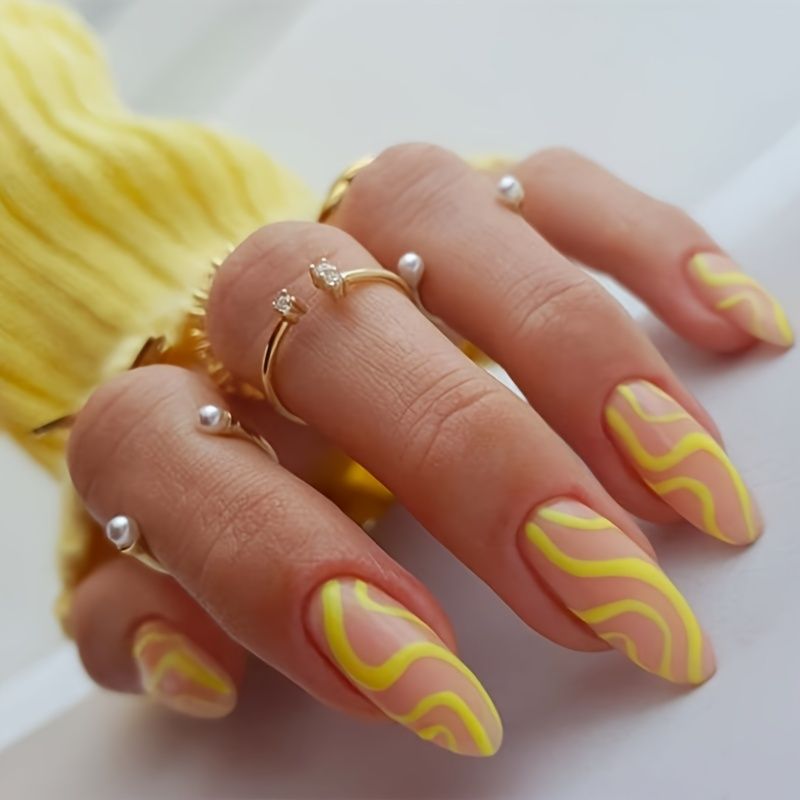Glossy Press On Nails Long Oval Fake Nails With Glue Yellow Swirl Nail Art  Tips Glossy Artificial Nails For Women And Girls | Check Out Today's Deals  Now | Temu