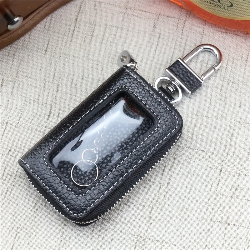 2pcs Car Key Case Double-Deck Faux Leather Purse Key Bag, Keychain Card Holder, Keyring Zipper Bag,Temu