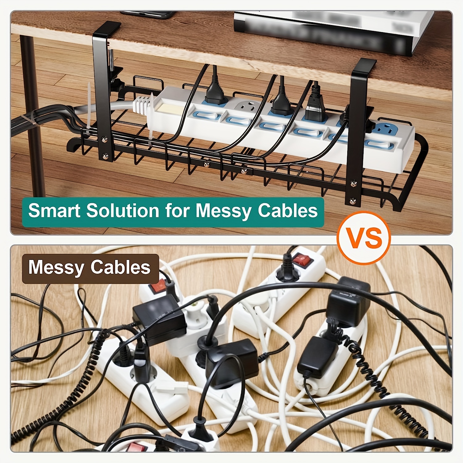 Under Desk Cable Management Tray, Upgraded Long Clamp, Inward Or Outward,  Cord Organizer for Desk, Desk Wire Management,Under Table Cable Management