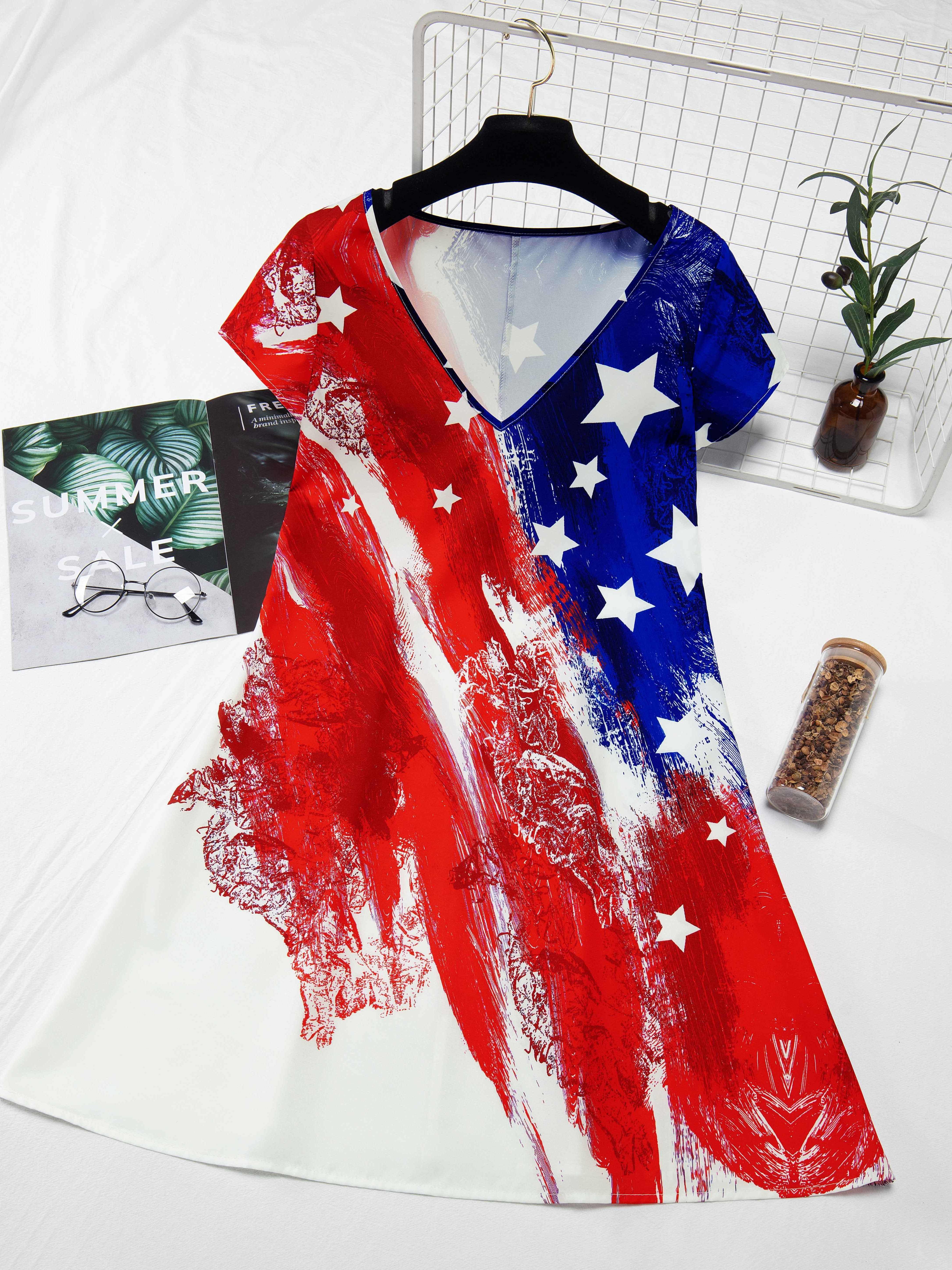 American Flag Print Dress, Casual V Neck Short Sleeve Dress For Spring &  Summer, Women's Clothing - Temu