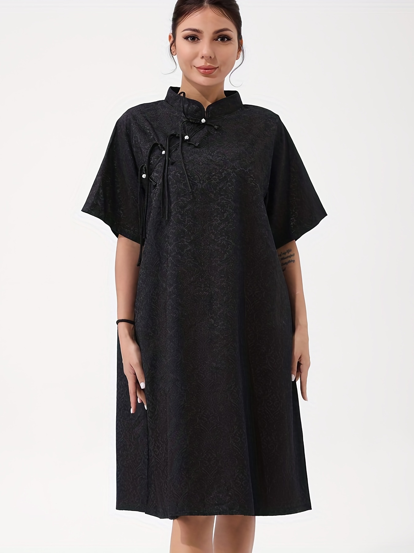 Improved Cheongsam Retro Loose Black Stand-Up Collar Buckle Dress