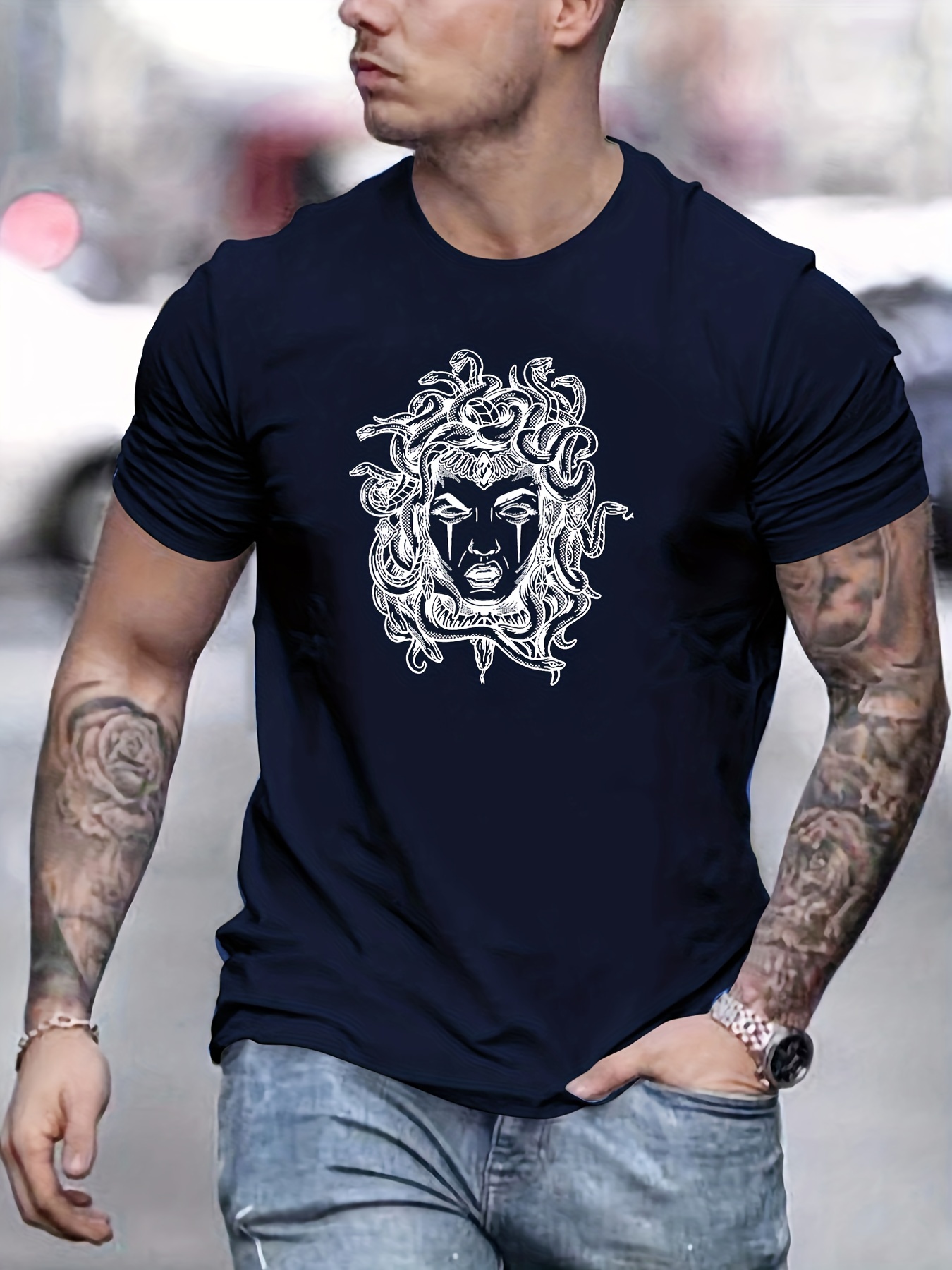 Medusa Pattern Print Men's Comfy Sports T-shirt, Graphic Tee Men's
