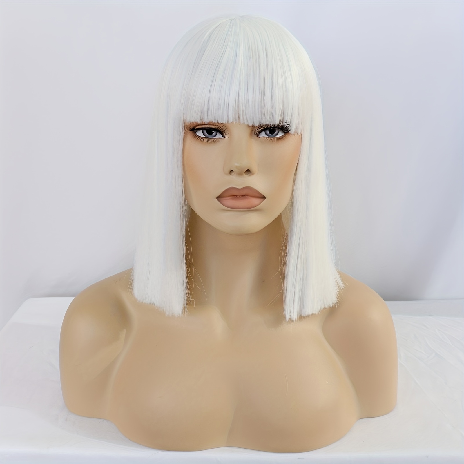 Shoulder Length Straight Bob Wigs with Bangs + Wig Cap