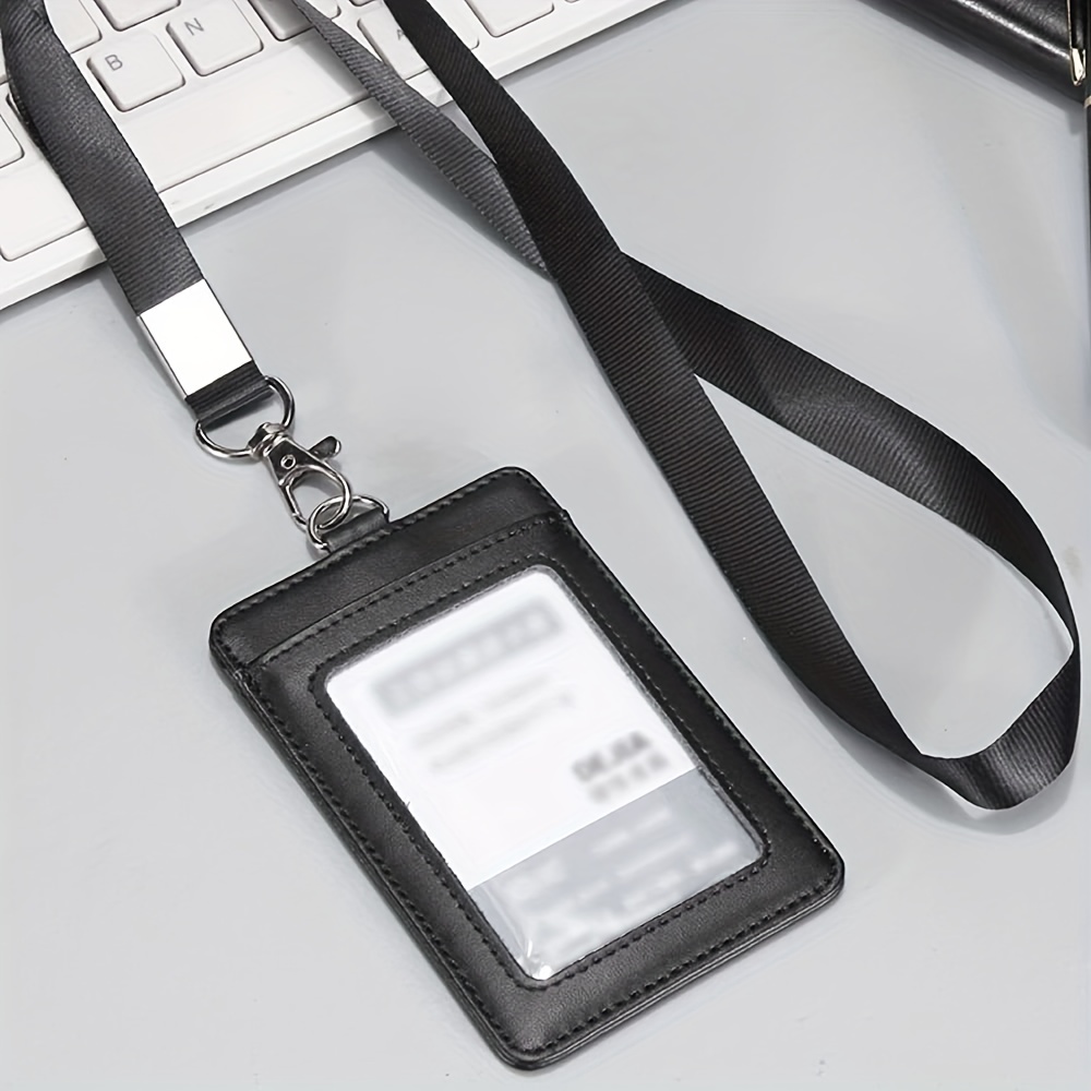 Badge Holder, PU Leather ID Card Holder with Neck Lanyard Strap, 1 Clear ID  Window / 2 Credit Card Slot, Gray : : Office Products