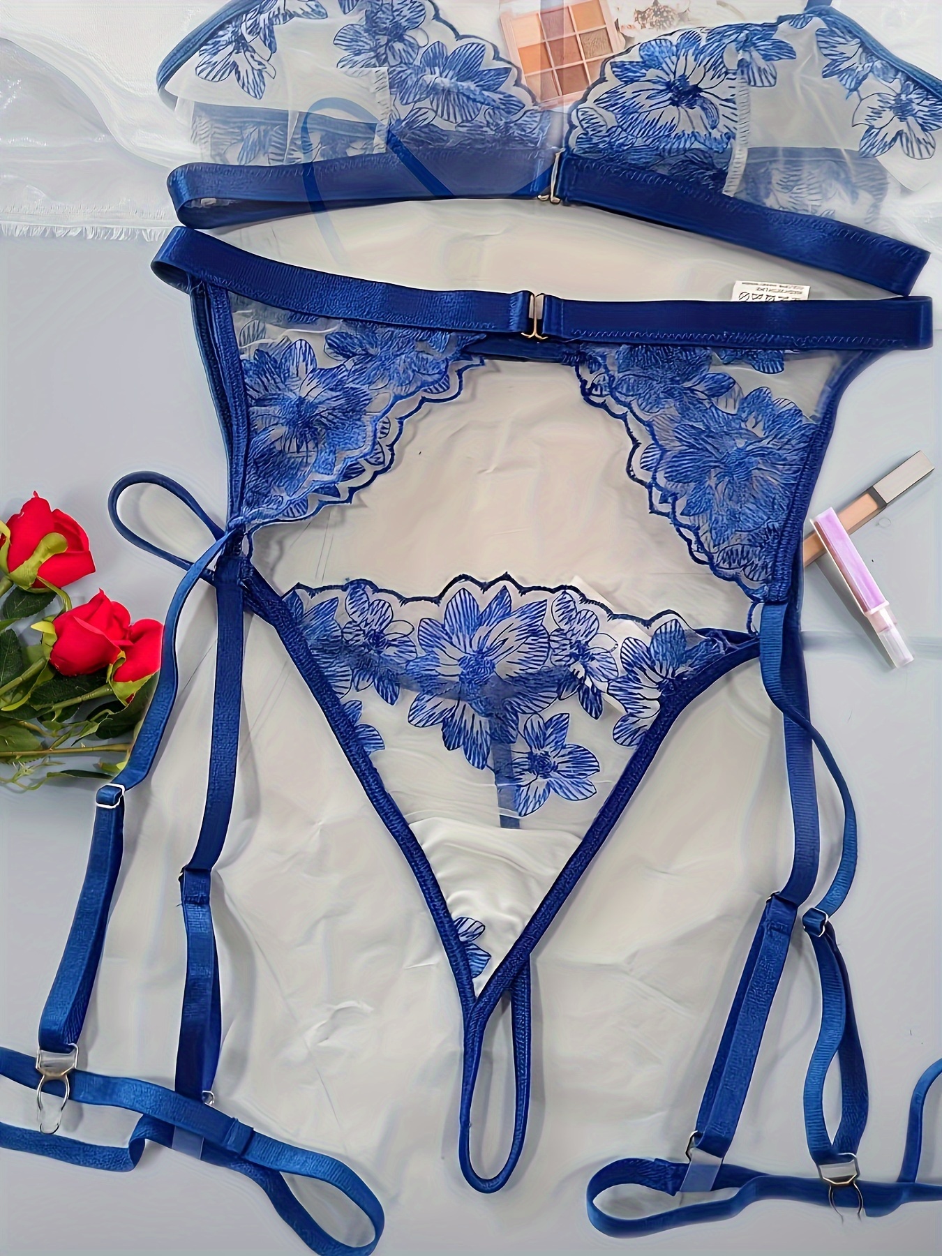 Floral Embroidery Lingerie Set Unlined Sheer Bra Mesh Thong - Temu