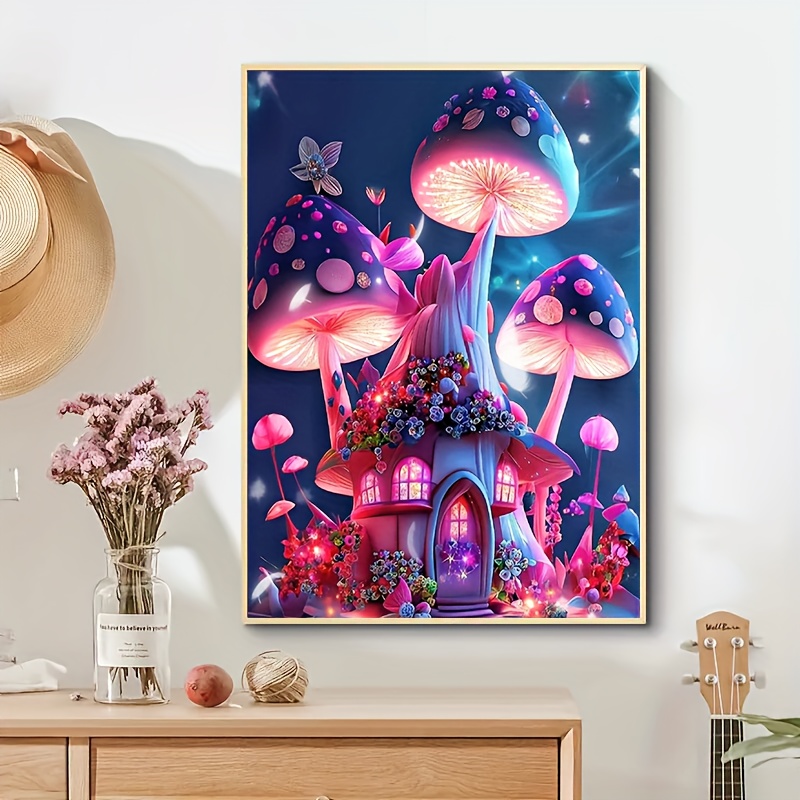 5D DIY Poured Glue Diamond Painting Kits Scalloped Edge Colorful Mushroom  House Wall Art Home Decoration Unique Gift Soft Canvas 