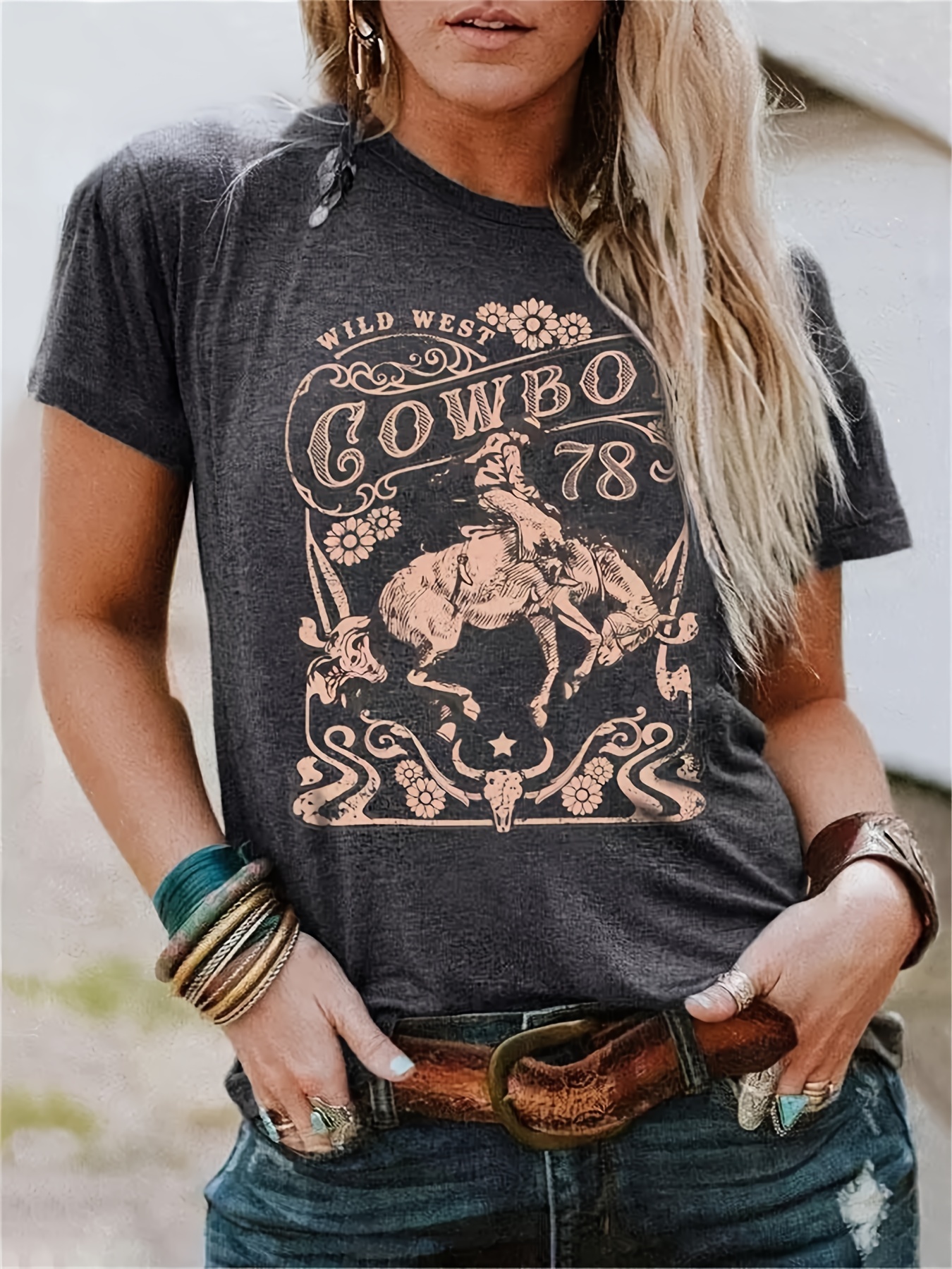 Vintage Rodeo Graphic Print T-Shirt, Retro Style Short Sleeve Crew Neck  Casual Top For All Season, Women's Clothing