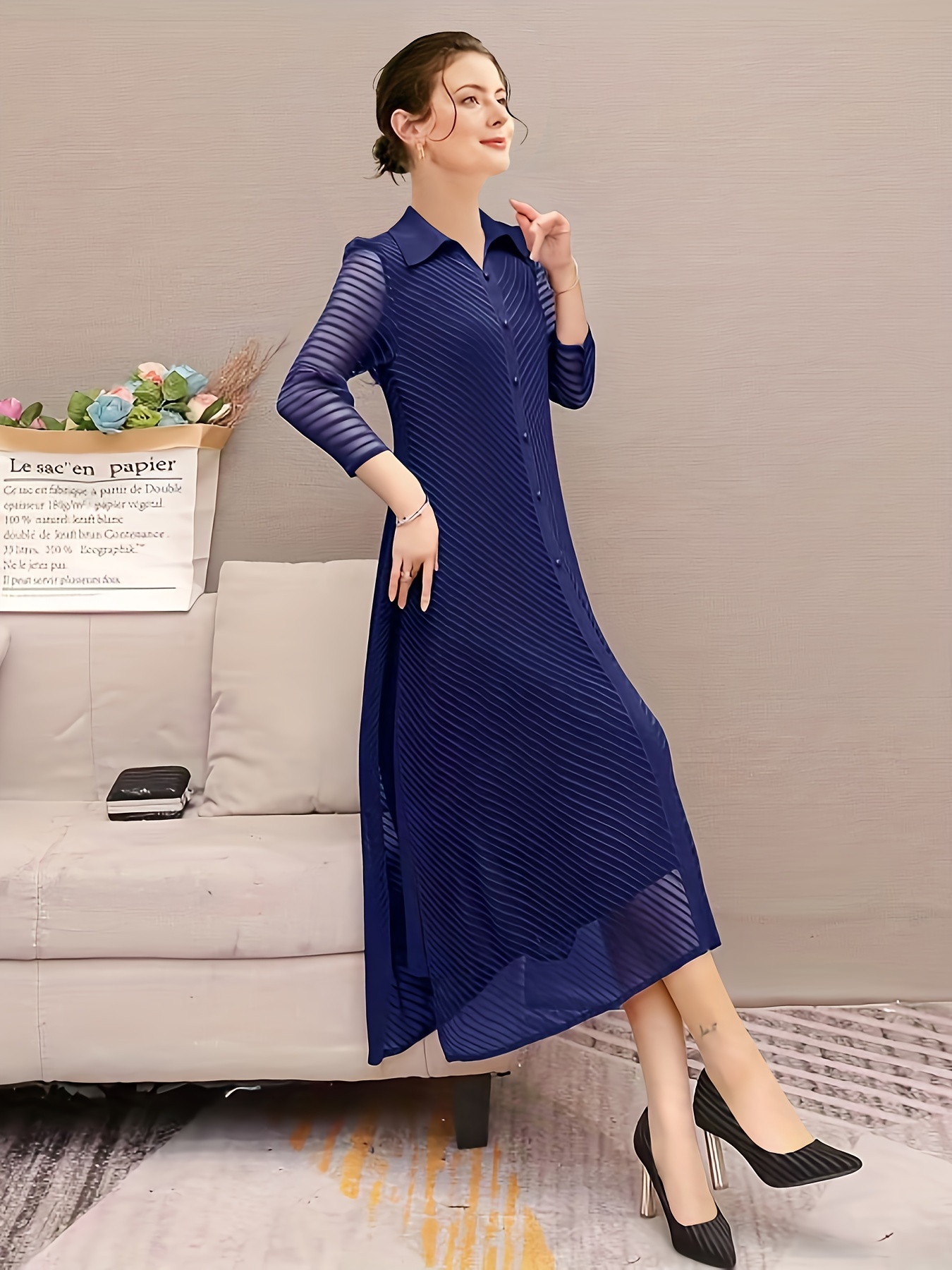 button front 3 4 sleeve dress elegant solid collared midi dress womens clothing