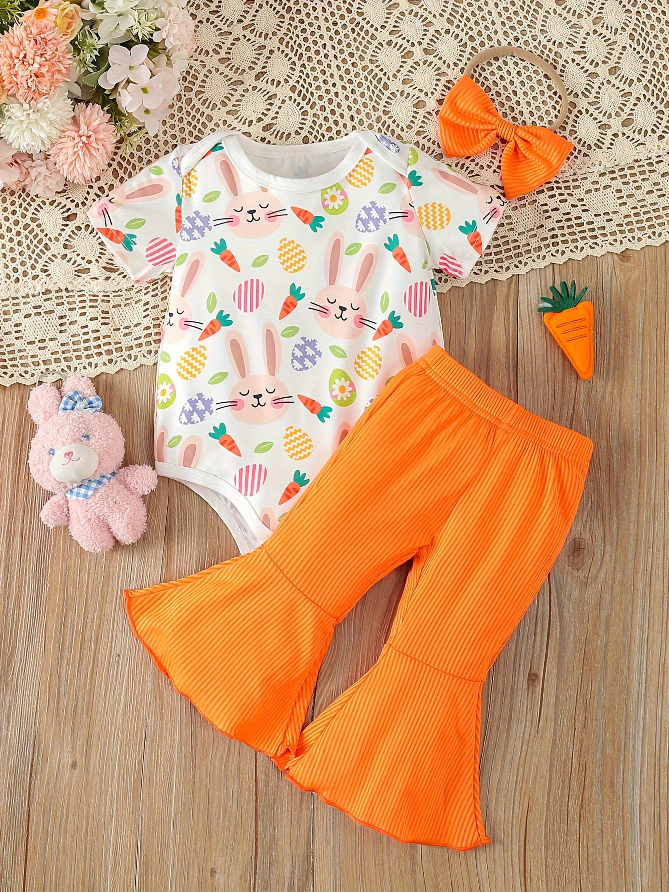 Toddler Baby Girls Easter Clothes Short Sleeve Bunny Print * Hem Top +  Flare Pants Set Kids Clothes