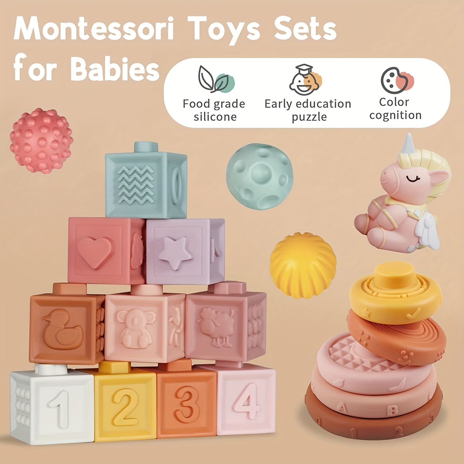 Baby Toys 6 to 12 Months, Soft Building Blocks & Baby Sensory Balls &  Stacking Rings, 3 in 1 Montessori Toys for 1 Year Old, Educational Infant  Toys