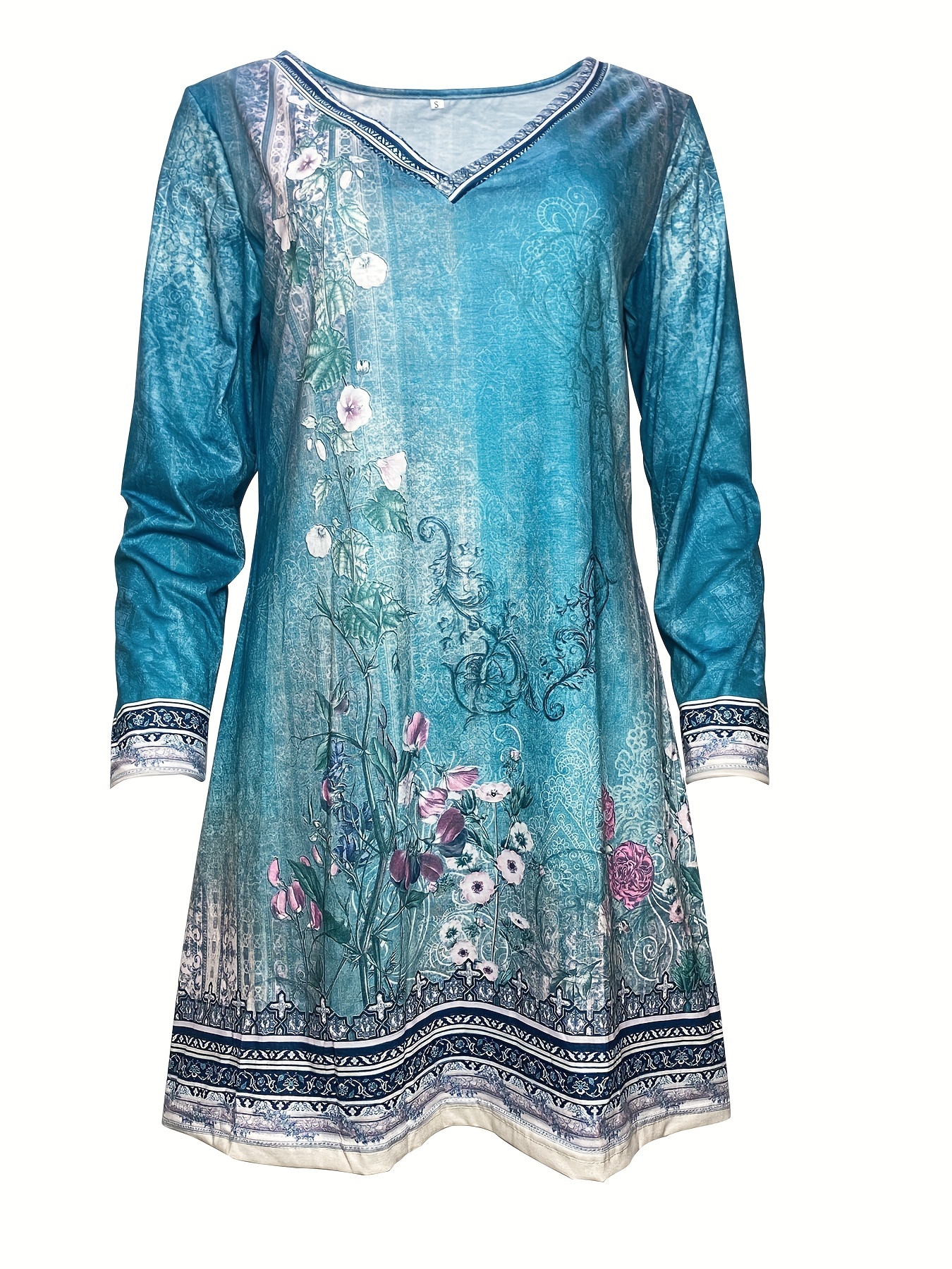 vintage floral print dress casual v neck long sleeve dress for spring womens clothing