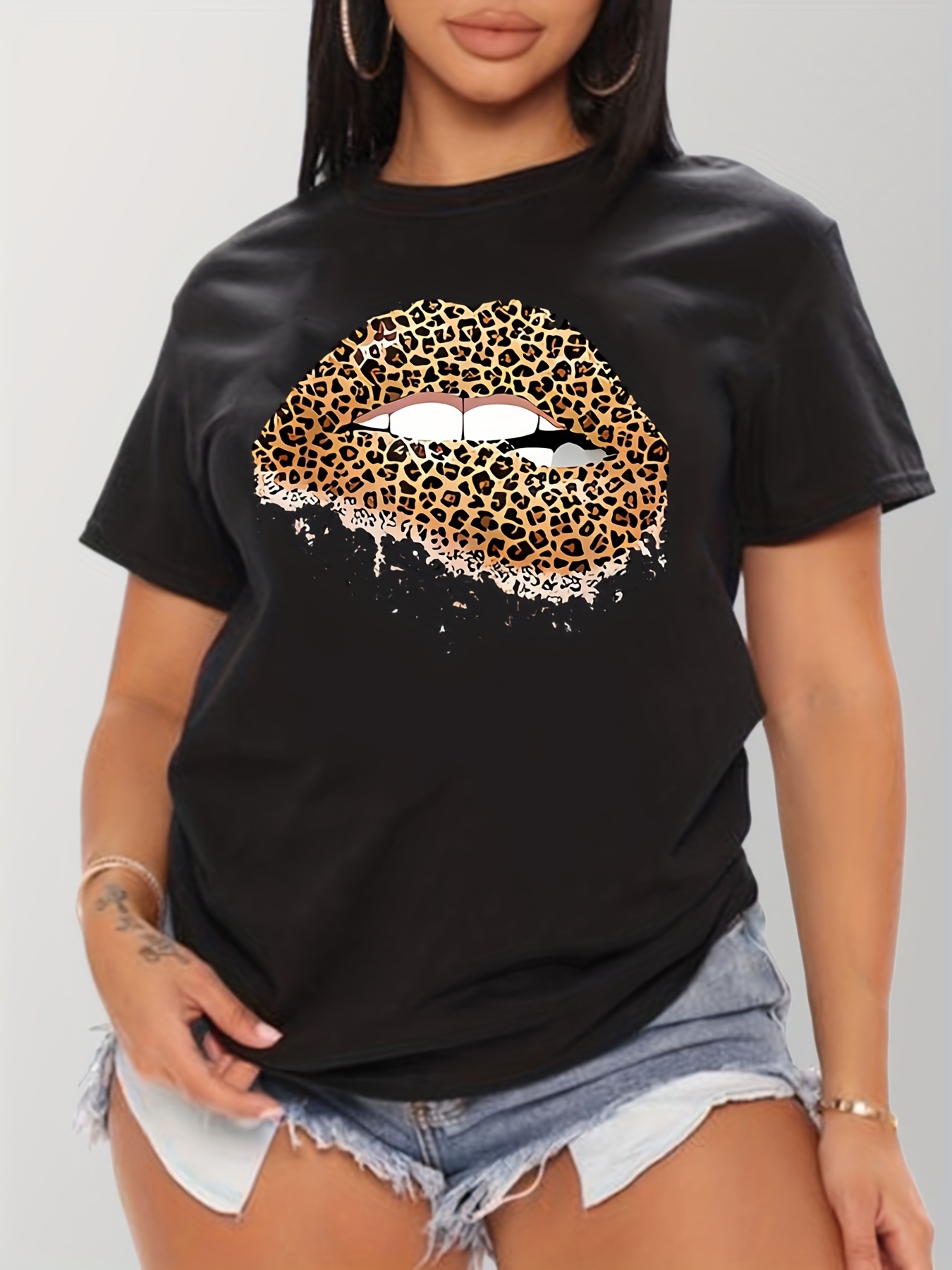 Plus Size Casual T Shirt Womens Plus Leopard Lip Print Short Temu