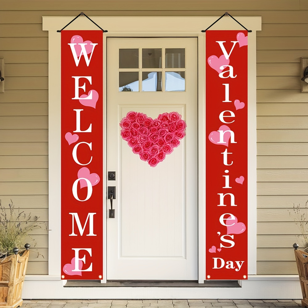 

2pcs, Welcome Valentine's Day Front Door Porch Sign, Polyester Pink Love Theme Patio Outdoor Indoor Party Decoration Hanging Banner 11.8x70.8 Inch