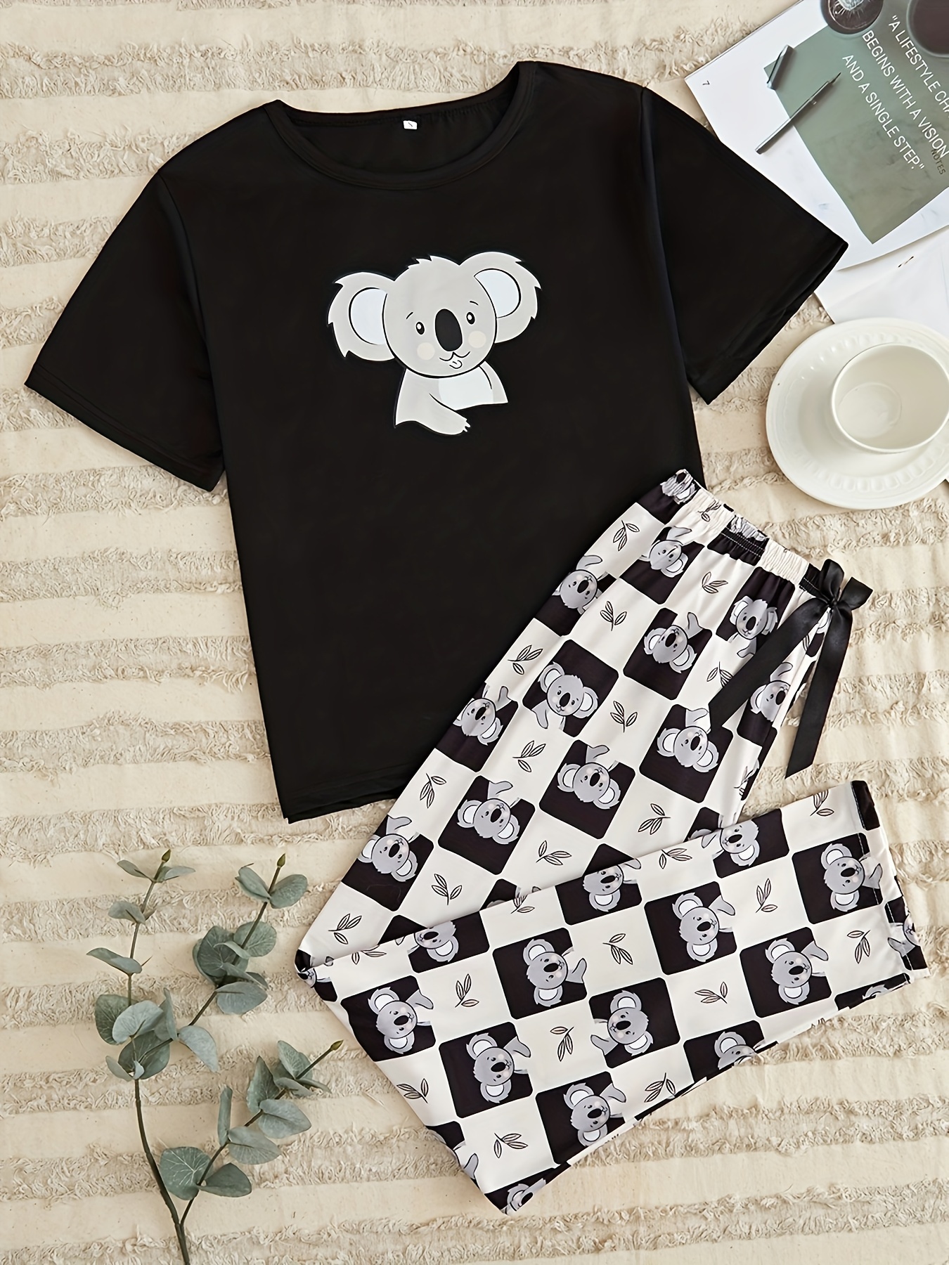 Cartoon Koala Print Pajama Set Long Sleeve Crew Neck Top - Temu Canada
