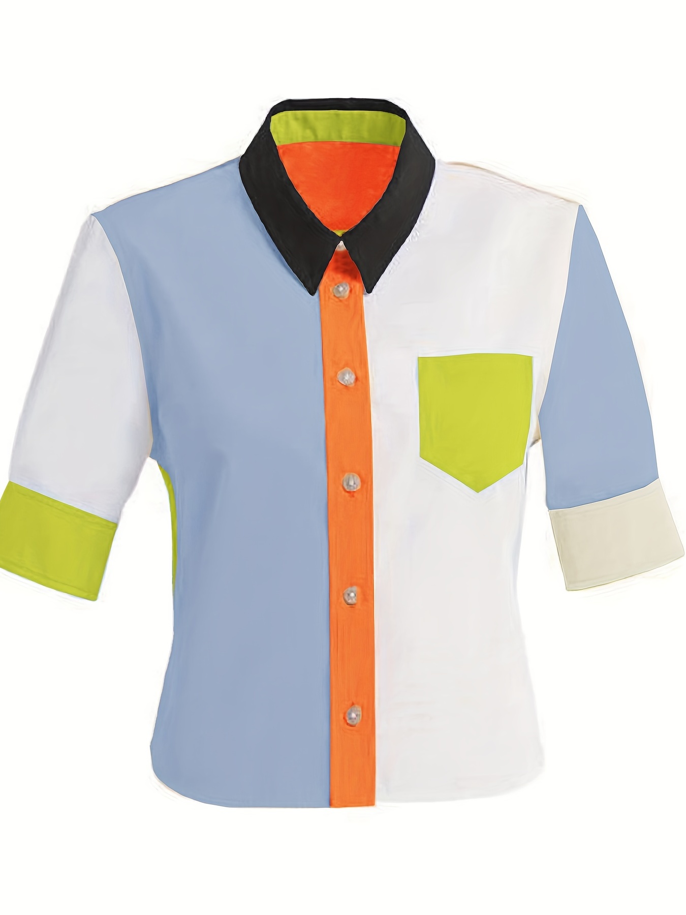 Color Block Shirt Casual Short Sleeve Collar Summer Shirt - Temu
