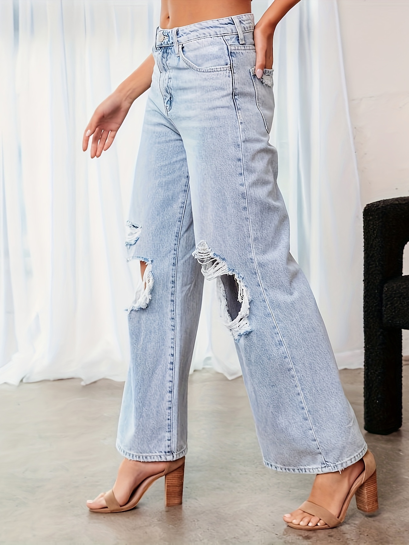 Blue Loose Fit Straight Jeans, Ripped Holes Slant Pockets High Waist Wide  Legs Jeans, Women's Denim Jeans & Clothing