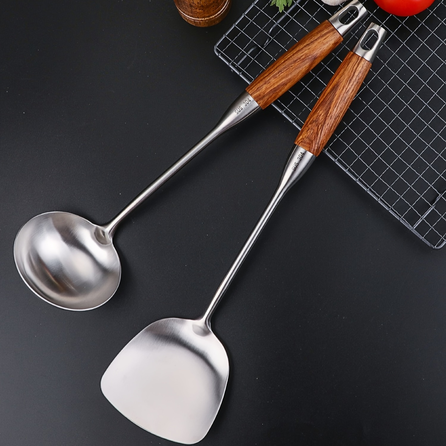 Juego de utensilios de cocina de acero inoxidable 304, 8 herramientas de  cocina de metal con espátula, cuchara sólida, cuchara ranurada, cucharón