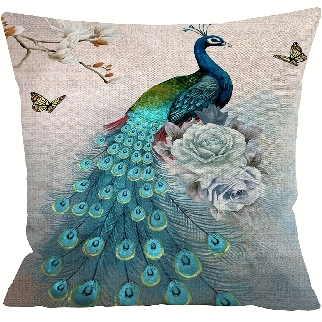 peacock print blue throw pillow case throw pillow peacock Temu