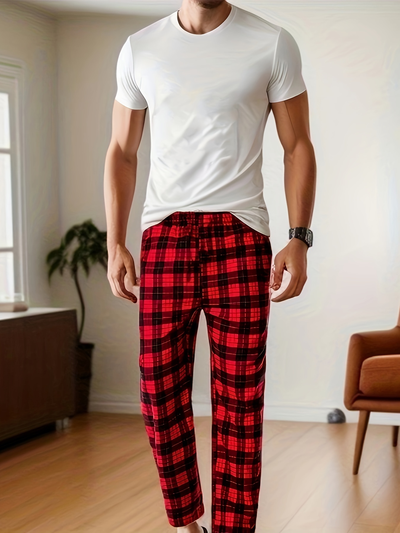 Men's Classic Plaid Casual Comfy Pants, Trendy Letter And Graphic Print  Loose Stretchy Home Pajamas Bottom With Pockets