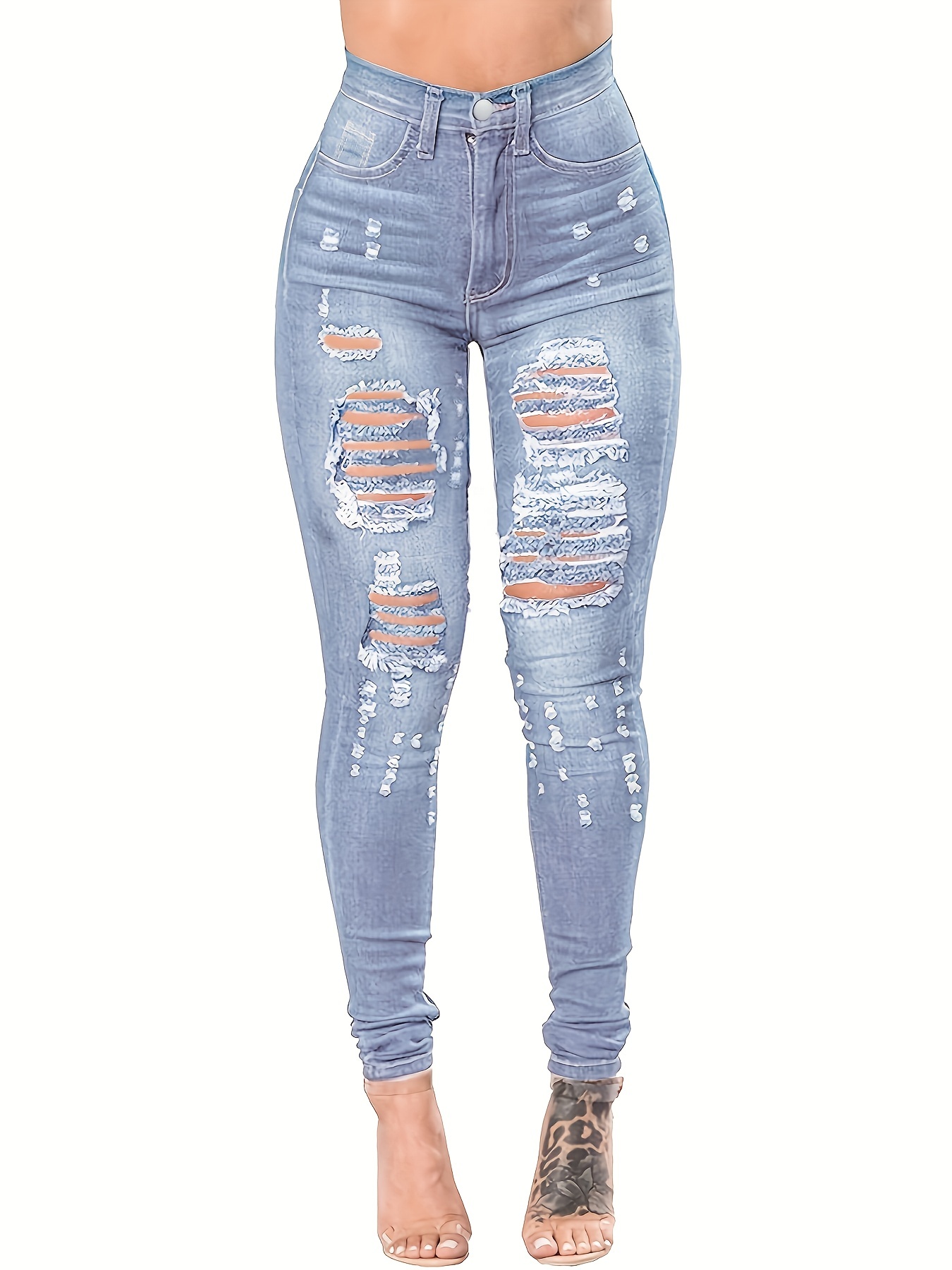 Ripped Holes Casual Skinny Jeans, Slim Fit Slash Pockets Distressed  High-Stretch Denim Pants, Women's Denim Jeans & Clothing