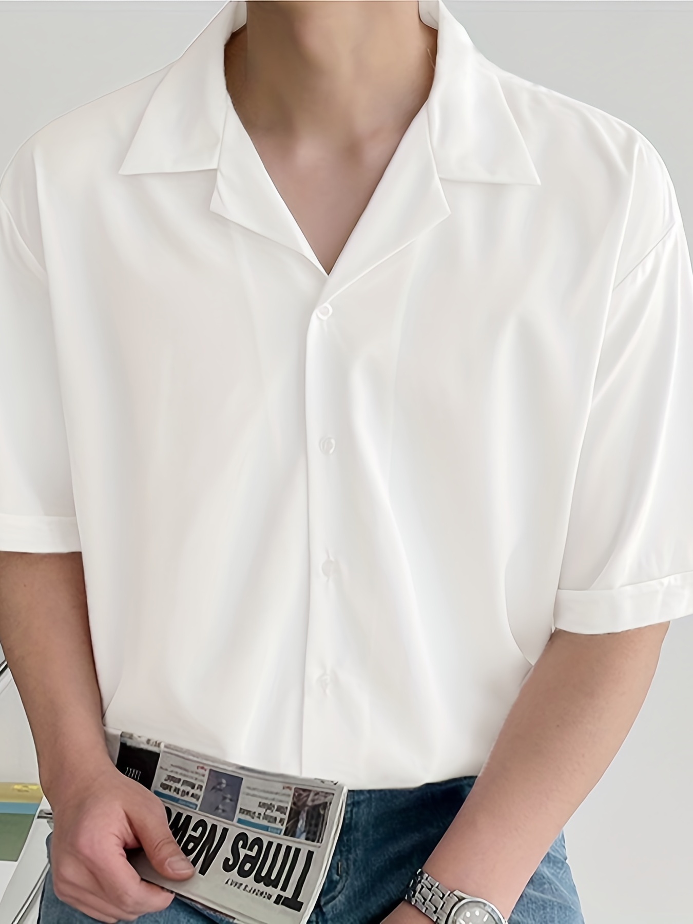 Wiaofellas New Ice Silk Drape Cuban Collar Shirt for Men Solid