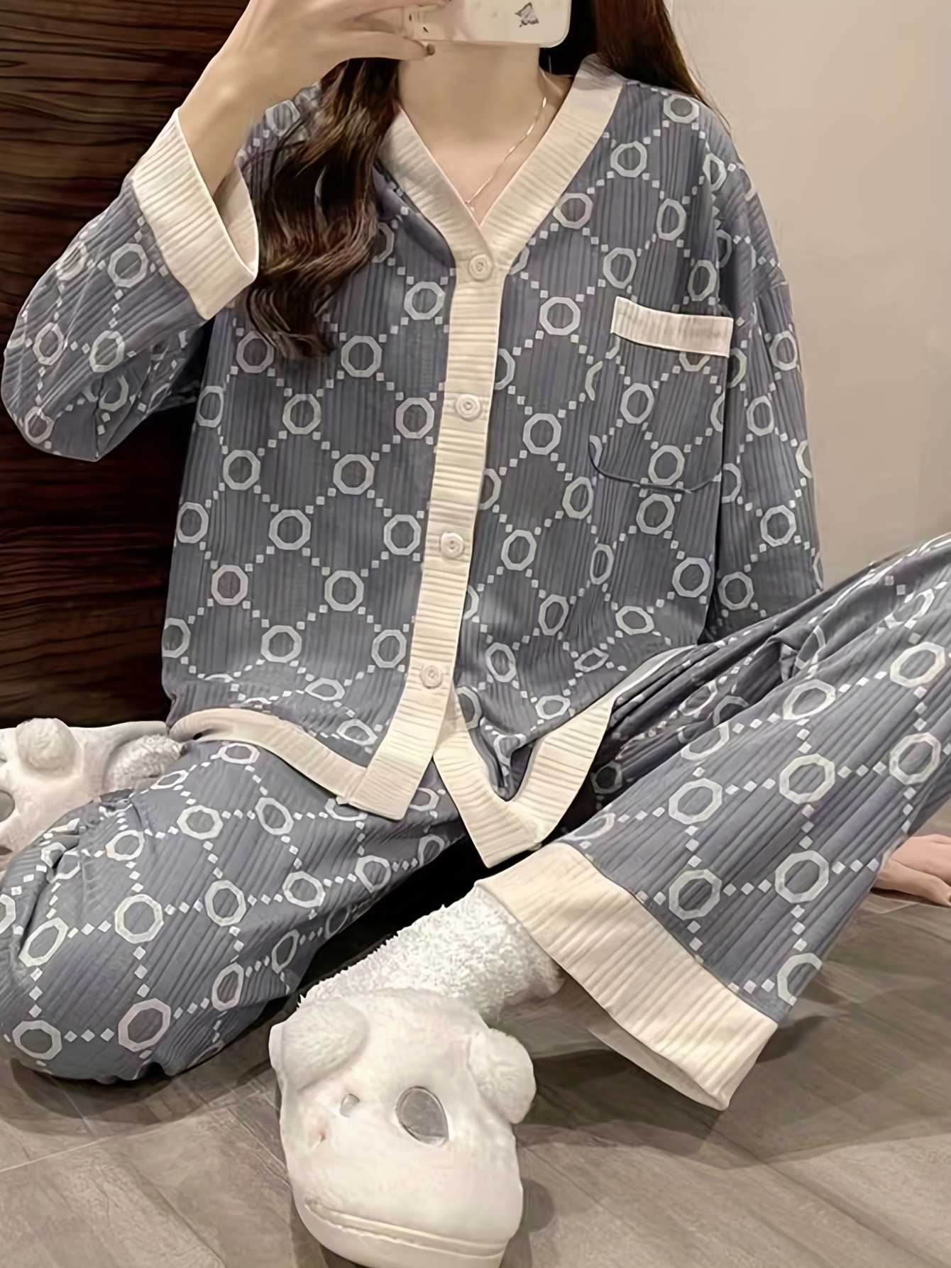 Geometric Print Pajama Set, Long Sleeve Button Up Top & Elastic Waistband  Pants, Women's Sleepwear & Loungewear - Temu Belgium