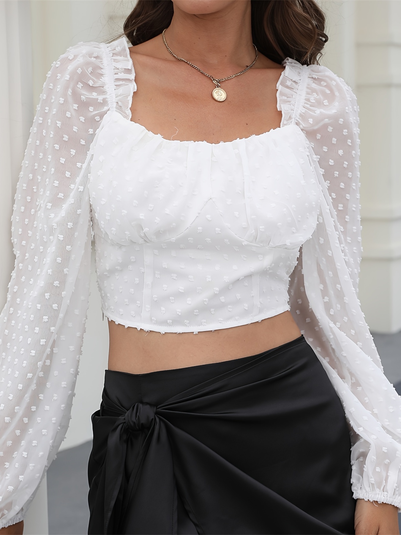 Ladies Elegant White Lace Long Sleeve Square Neck Crop Top with