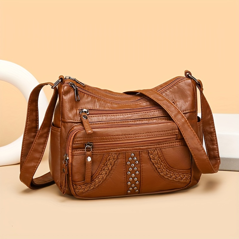 

Trendy Multi-layer Zipper Messenger Bag, Rivet Braided Decor All-match Solid Color Shoulder Bag, Perfect Casual Crossbody Bag For Daily Use
