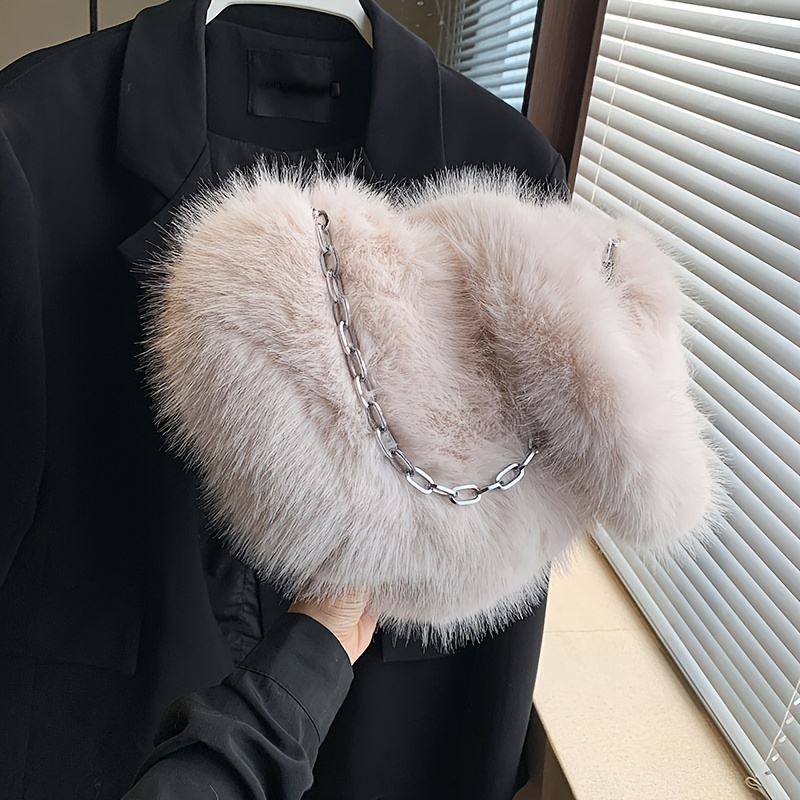Plush Heart Shaped Crossbody Bag, Y2k Chain Shoulder Bag, Fashion Soft Faux  Fur Handbag For Women - Temu