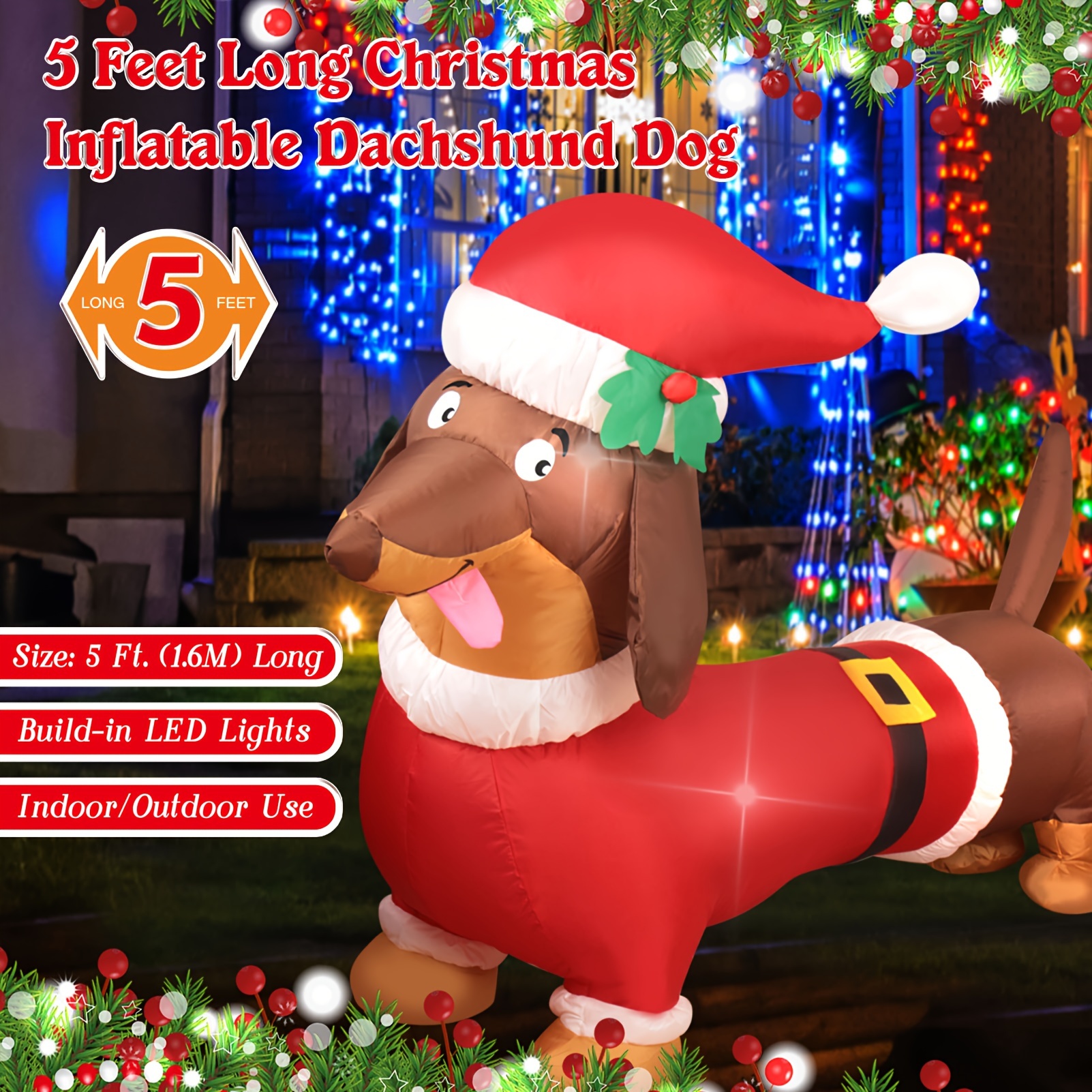 5FT Christmas Inflatables Outdoor Decorations Dachshund Dog with