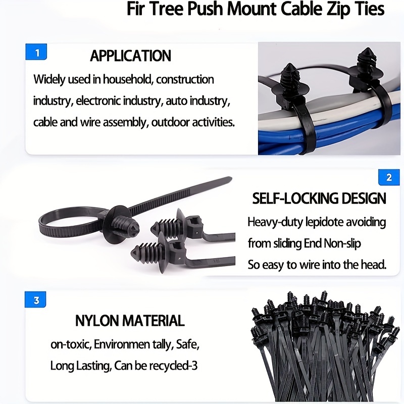 100PCS Fir Tree Nylon Push Mount Cable Zip Ties, Heavy Duty Wire Ties, 2 in  1 Se