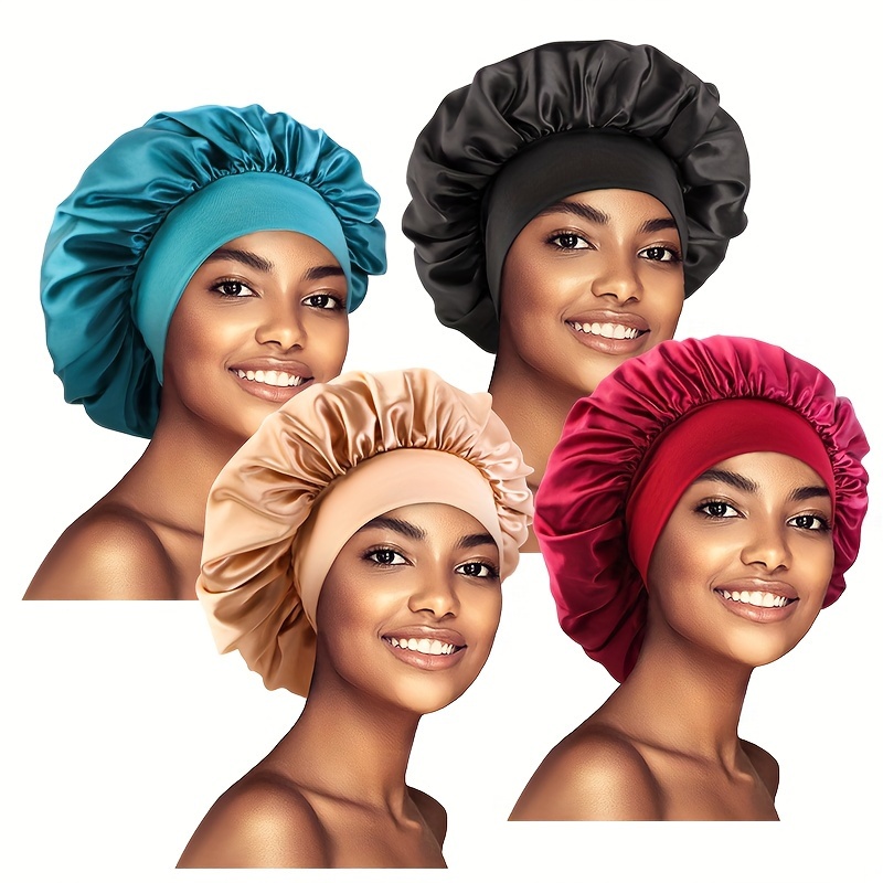 

4pcs/set Elegant Satin Bonnet Solid Color Hair Bonnets Elastic Turban Bath Shower Cap Lightweight Soft Sleeping Night Cap For Women Daily Use