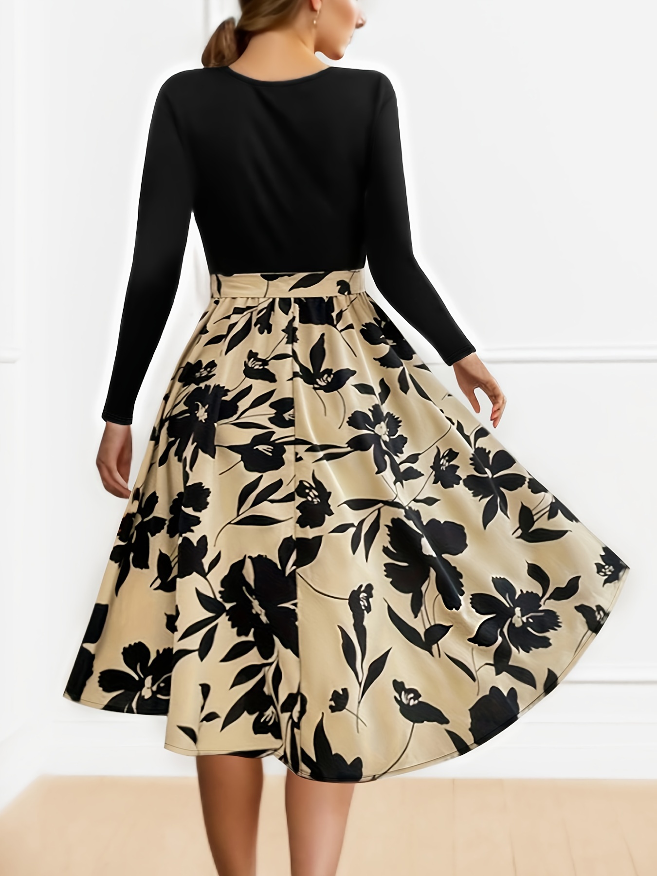 Women Floral Print Round Neck Dress Long Sleeve Belted Midi Dress