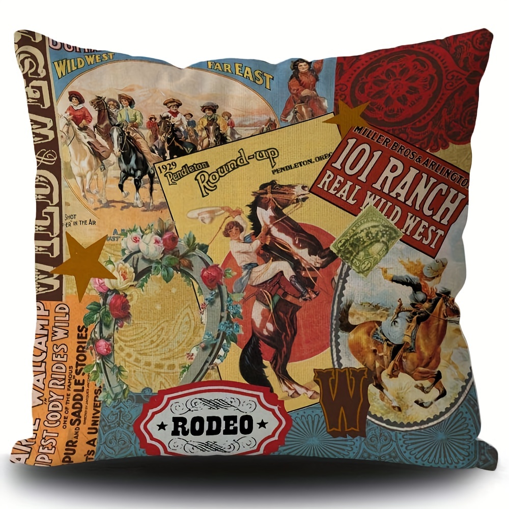 

1pc Vintage Modern West Rodeo Riding Bull Throw Pillow Cases Home Decor Square Short Plush Decor Cushion 18x18 Inch