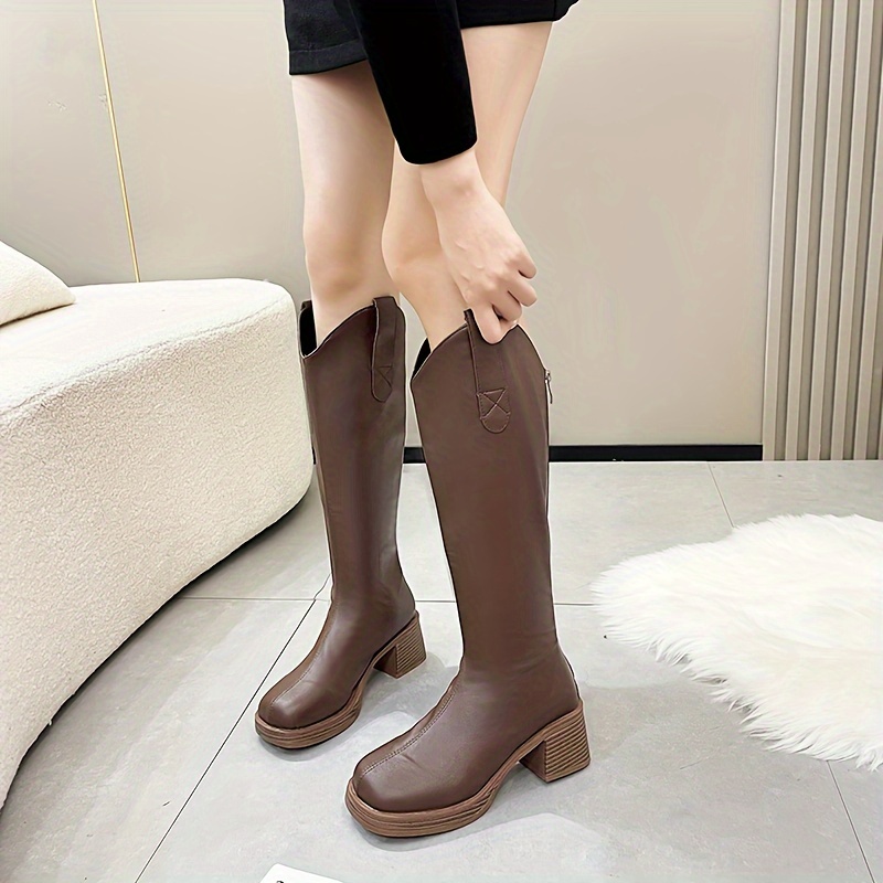 women s chunky heeled mid calf boots fashion square toe v
