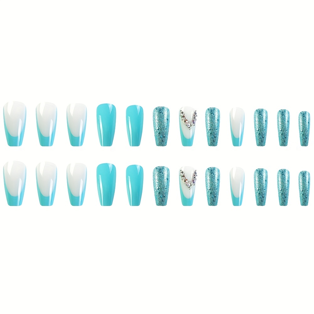 24pcs Green Square Press On Nails Glitter Rhinestone False Nails
