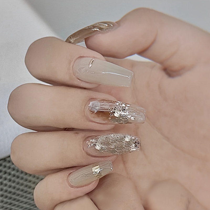 Brown Press on Nails with Designs, Short Fake Nails Coffin False Nails Full  Cover Acrylic Nails Fall Winter Press on Nails Glitter Cute Artificial