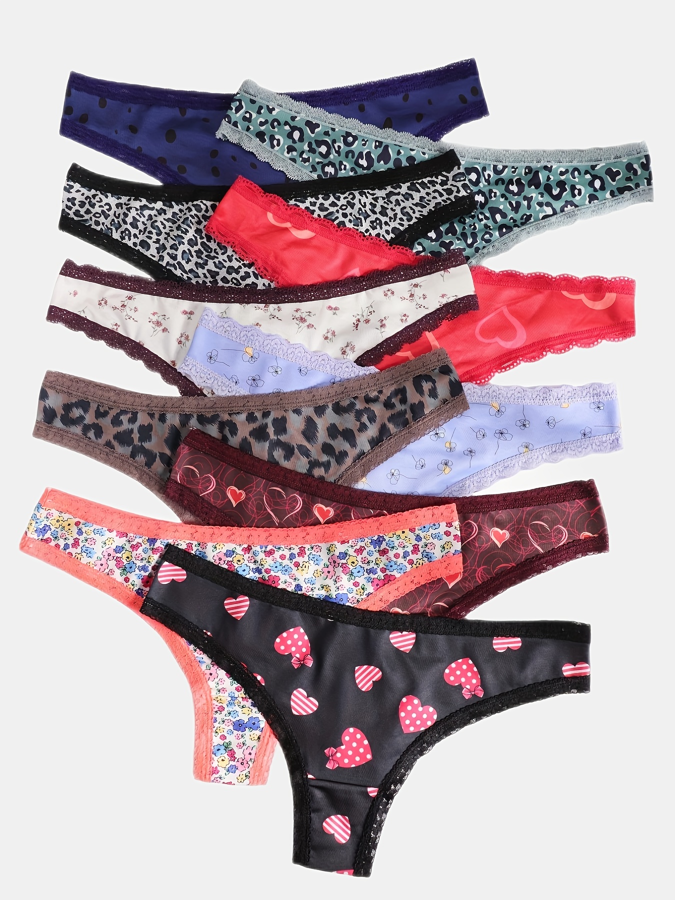 5pcs Heart & Floral Print Thongs, Cute Comfy Lace Trim Intimates Panties,  Women's Lingerie & Underwear