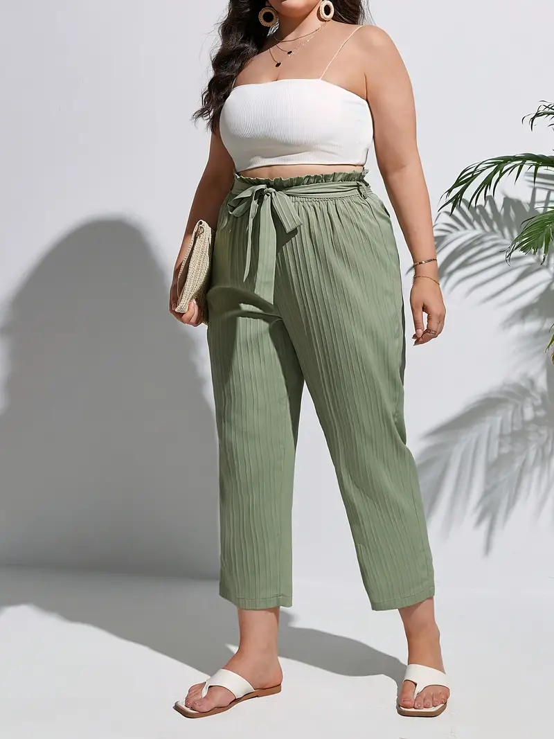 Plus Size Casual Pants Women's Plus Solid Ribbed High - Temu Canada